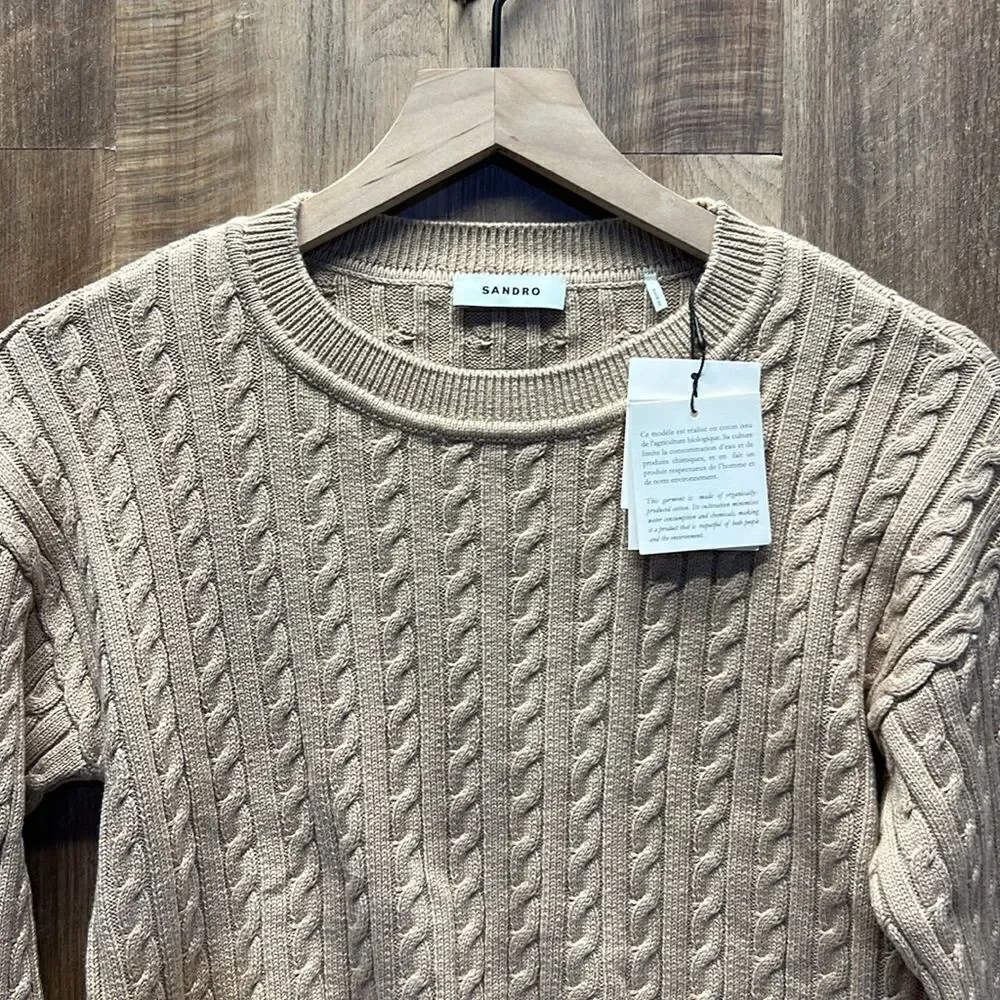 SANDRO- Cropped Cable-Knit Sweater in Beige